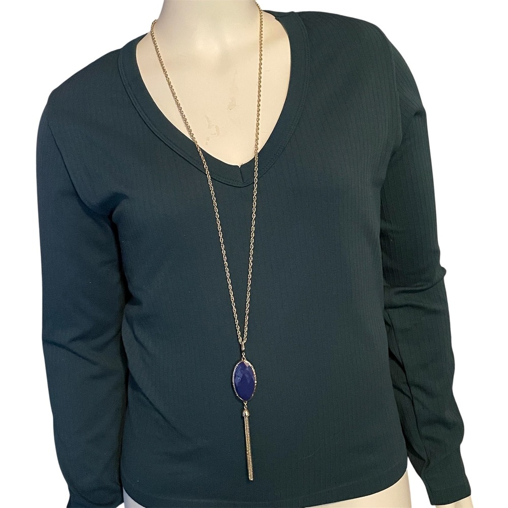 Premier Designs Reversible Blue Green enamel center Tassel Pendant Rope Necklace